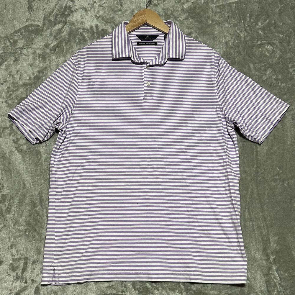 Hart Schaffner Marx Polo Shirt Mens Size L Purple‎ White Striped Luxury Cotton